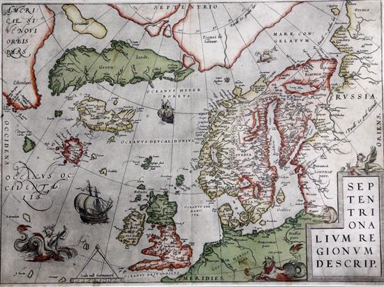 Ortelius, Abraham. Septentrionalium Regionum descrip, a coloured engraved map, c.1570 or later, 50 x 37cm